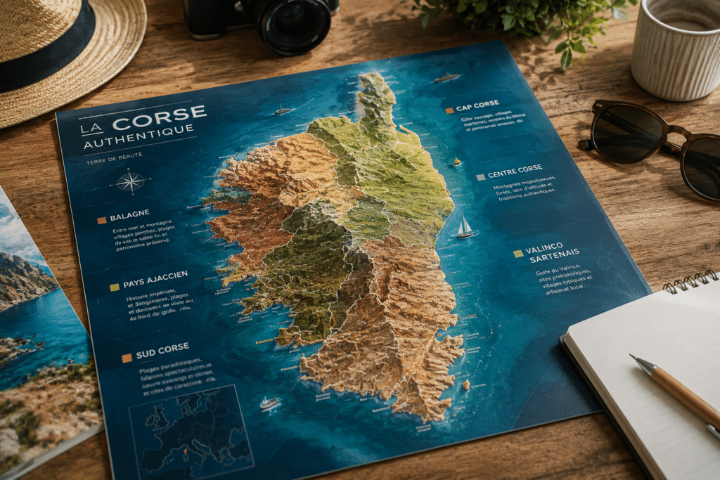 La Corse et ses régions identifiées sur une carte touristique
