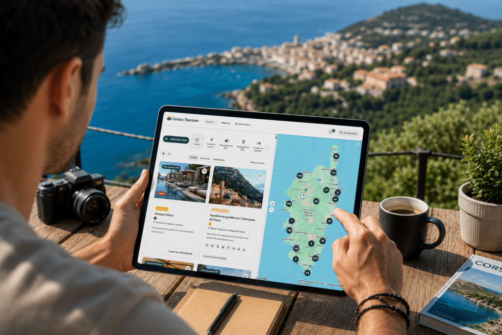 Un voyageur prépare sa journée de vacances sur le site Corsica Tourisme
