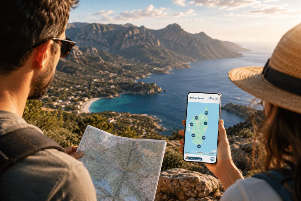 Couple de voyageurs observant un panorama corse avec l'application Corsica Tourisme sur son Smartphone