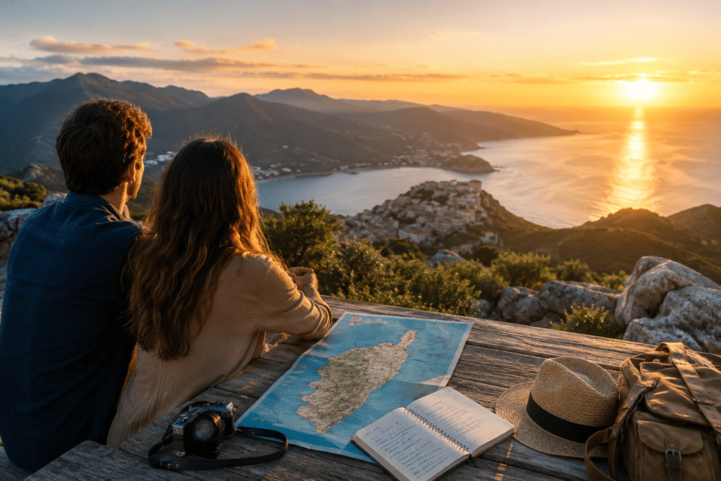 Pause en Corse : vue panoramique du littoral depuis un belvédère, en Corse.