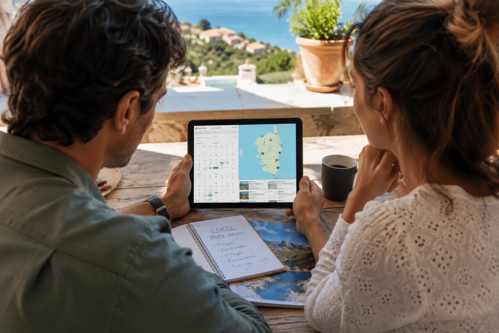 Couple réserve leurs vacances sur le calendrier de Corsica Tourisme